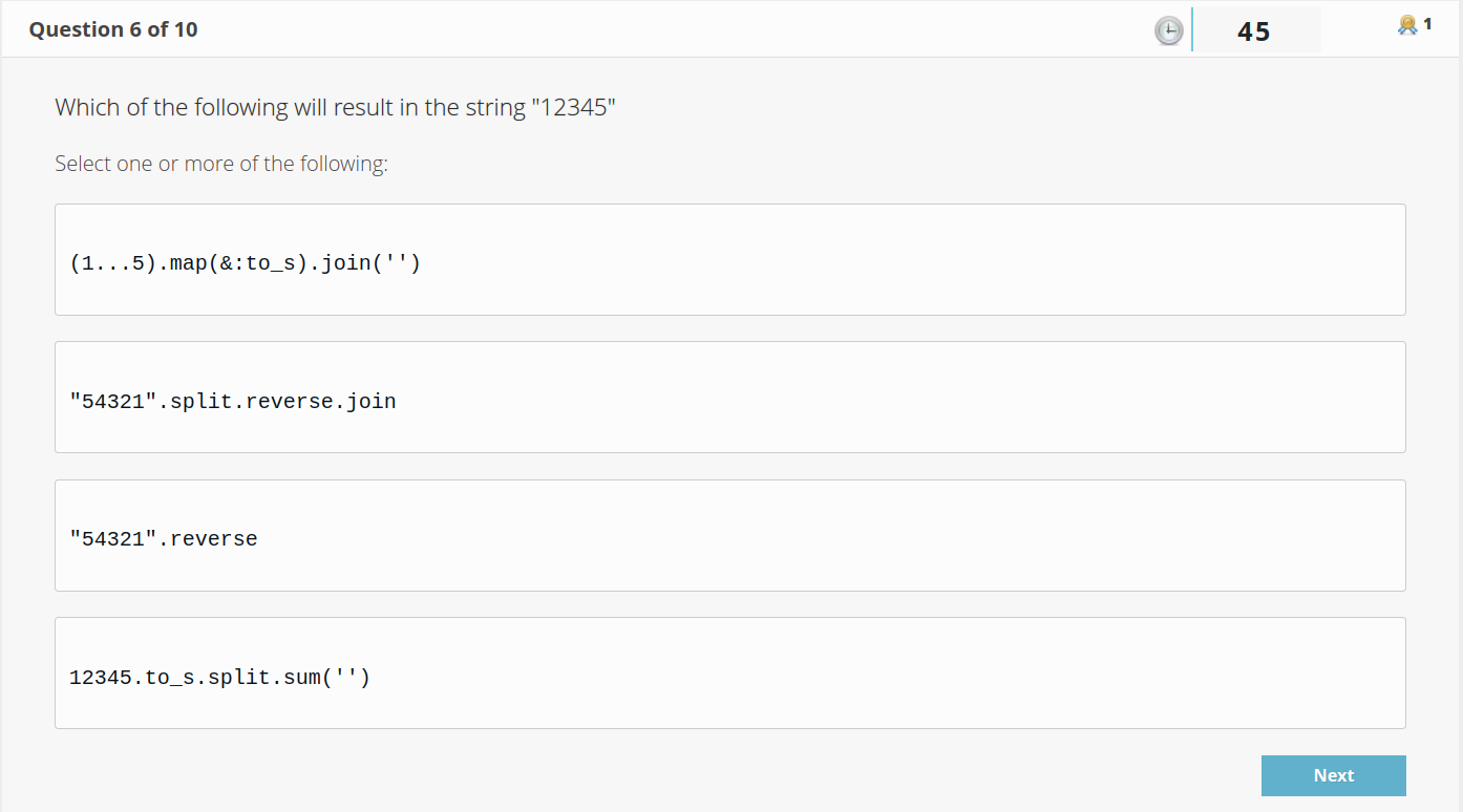 Screenshot of Qu 6 from Ruby Arrays quiz: Which of the following will result in the string \